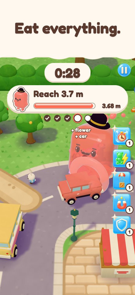 Eat everything: a big red jelly with a car halfway into its mouth