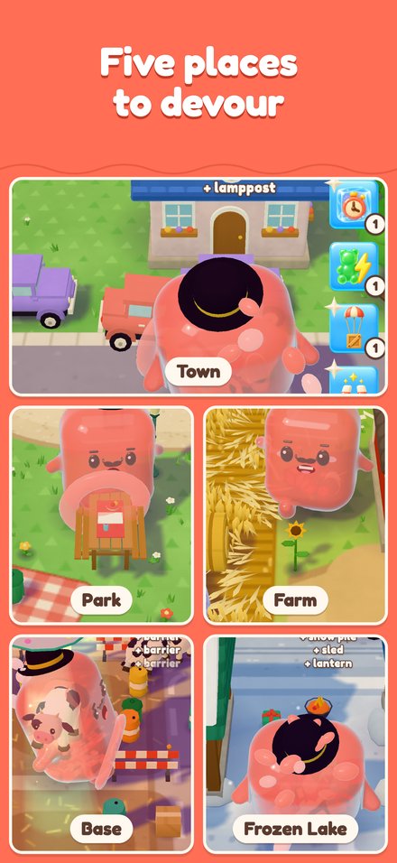 Five places to devour: the Town, the Park, the Farm, the Base and the Frozen Lake