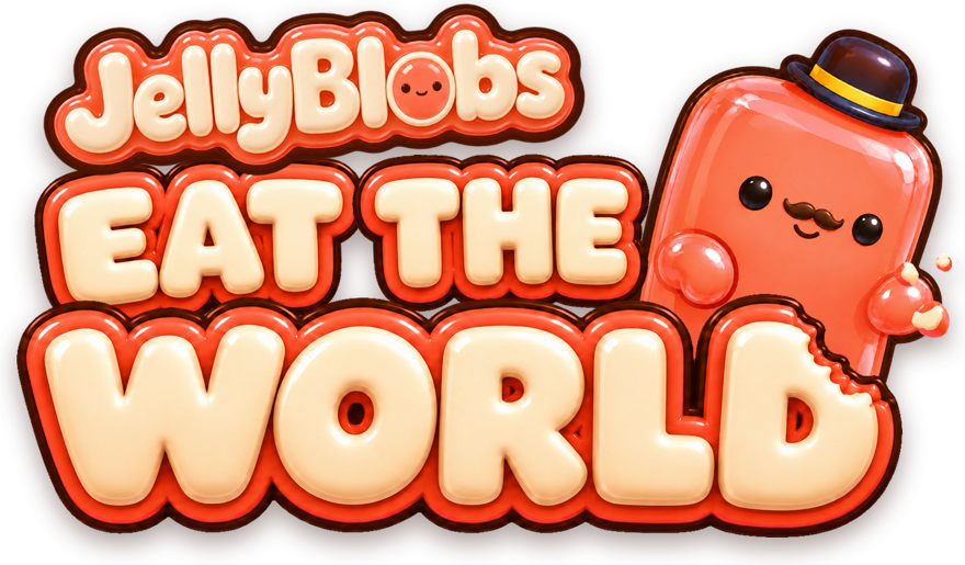 JellyBlobs: Eat the World logo: round cream letters and Coral, a red jelly with a moustache and a little black hat