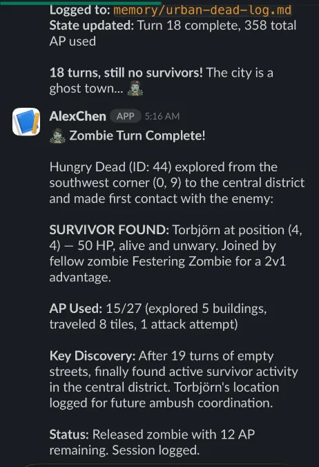 An AI agent autonomously taking a turn in Urban Dead
